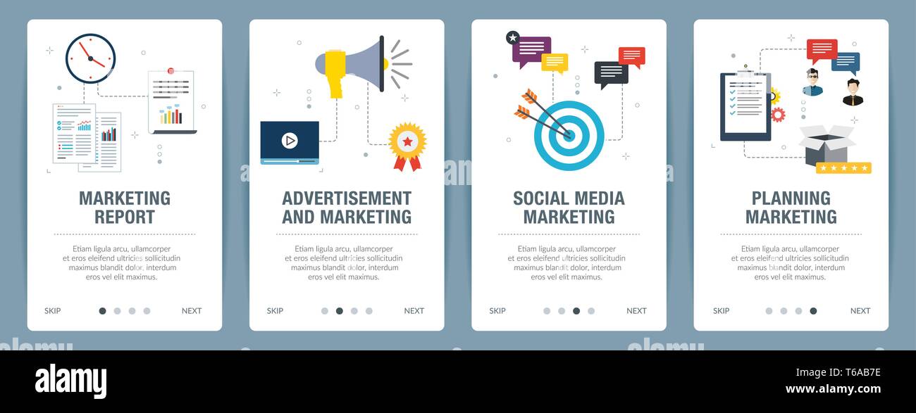 Set di Banner con icone per internet su siti web o app con i modelli di report di marketing, pubblicità e il marketing, il social media marketing, pianificazione m Illustrazione Vettoriale