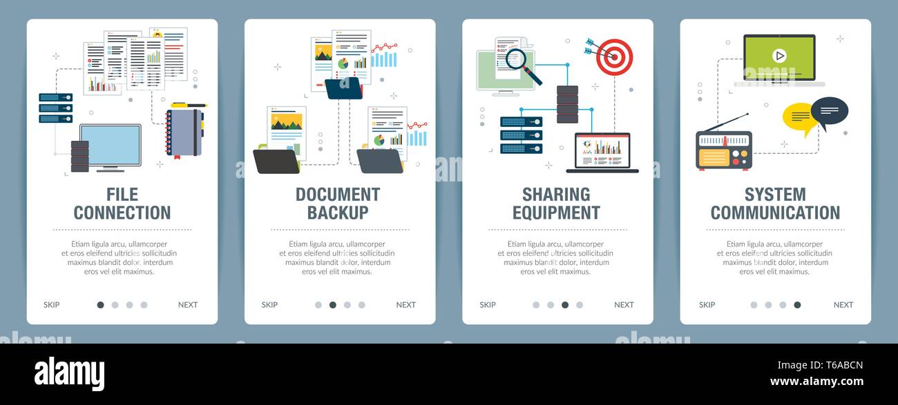 Set di vettore di verticale banner web con connessione file, backup dei documenti, la condivisione di attrezzature e di comunicazione del sistema. Vector modello di pagina di intestazione per u Illustrazione Vettoriale