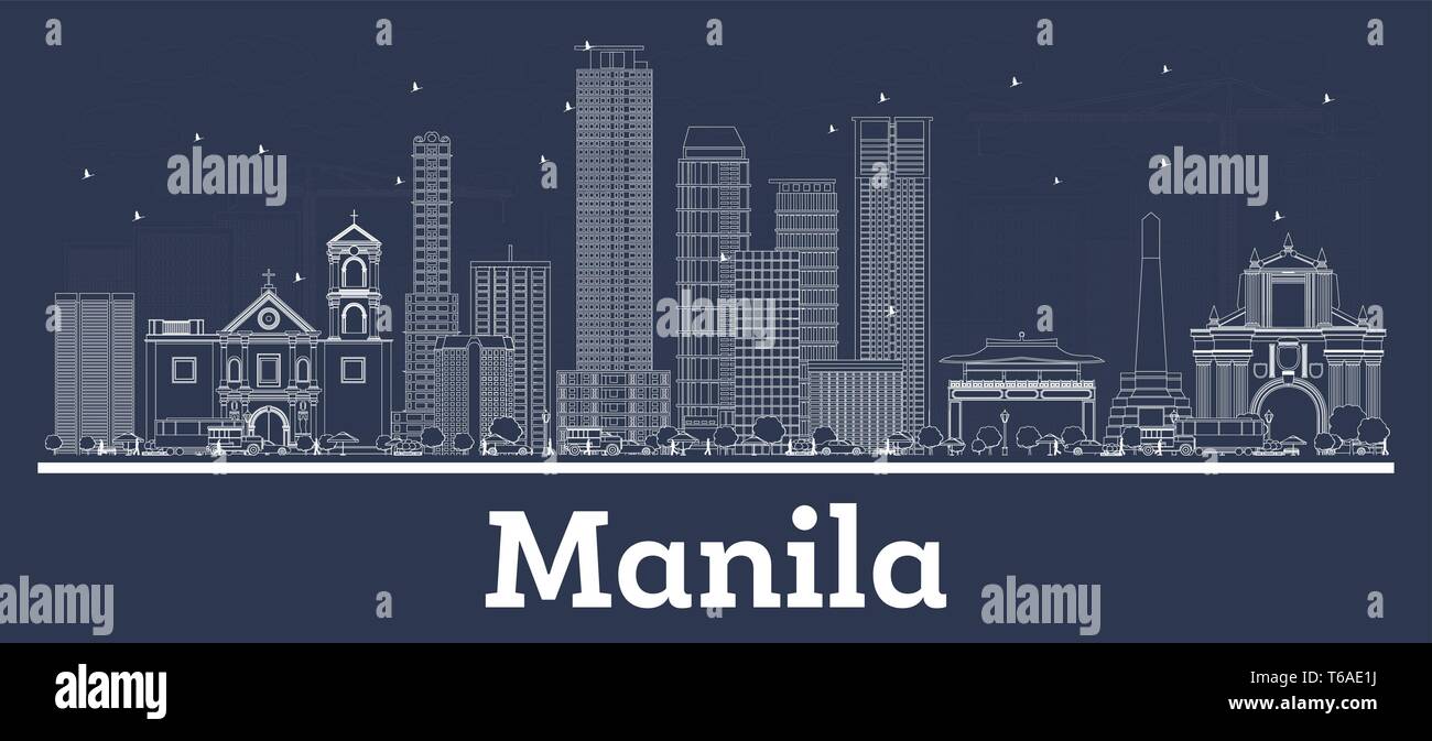 Profilo Manila Filippine skyline della città con edifici bianchi. Illustrazione Vettoriale. Viaggi di lavoro e di concetto con architettura moderna. Manila. Illustrazione Vettoriale