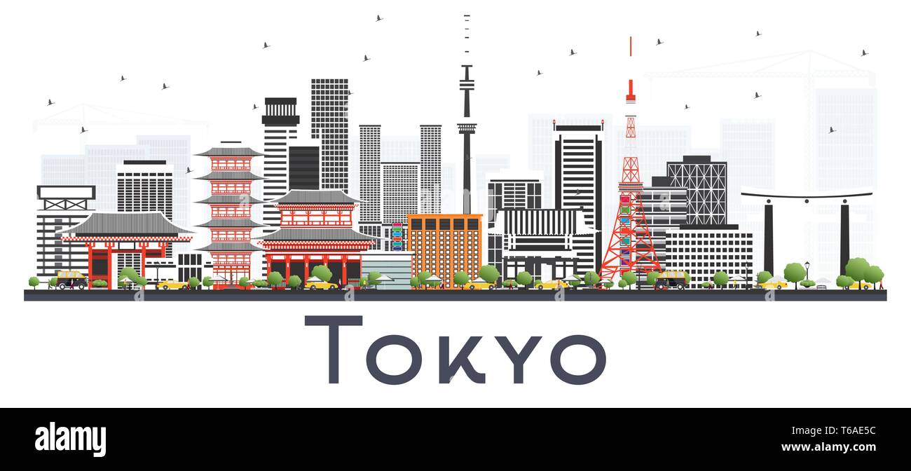 Tokyo Giappone skyline della città con edifici di colore isolato su bianco. Illustrazione Vettoriale. Viaggi di affari e di turismo con il concetto di architettura moderna. Illustrazione Vettoriale