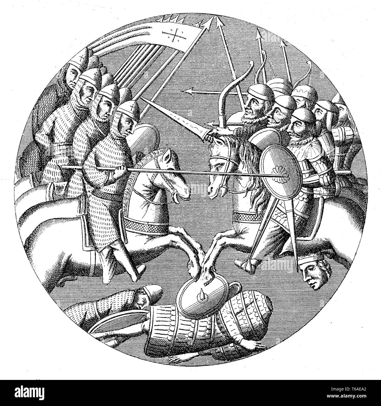 Battaglia di a Askalon, 1099. Dopo una pittura del vetro in Saint Denis vano. Crusader in battaglia con i Saraceni, Foto Stock
