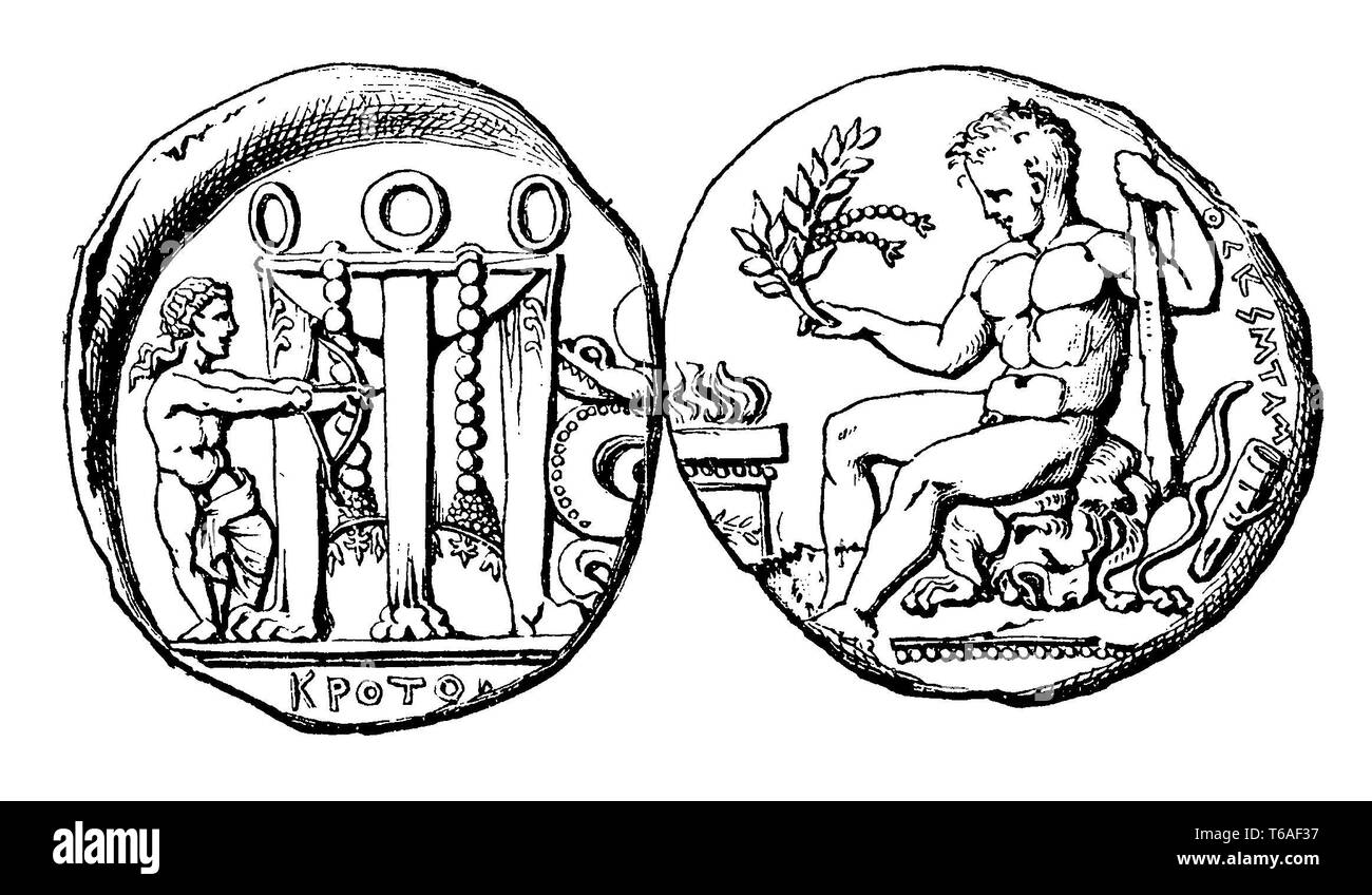 Monete greche del IV secolo A.C. con la rappresentazione del treppiede delphic, 1899 Foto Stock
