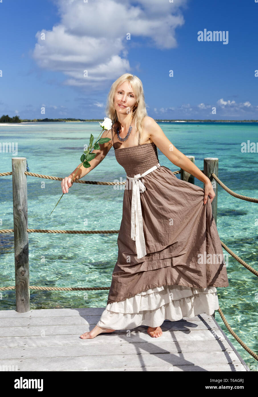 La bella ragazza in un abito lungo su una piattaforma di legno sul mare Foto Stock