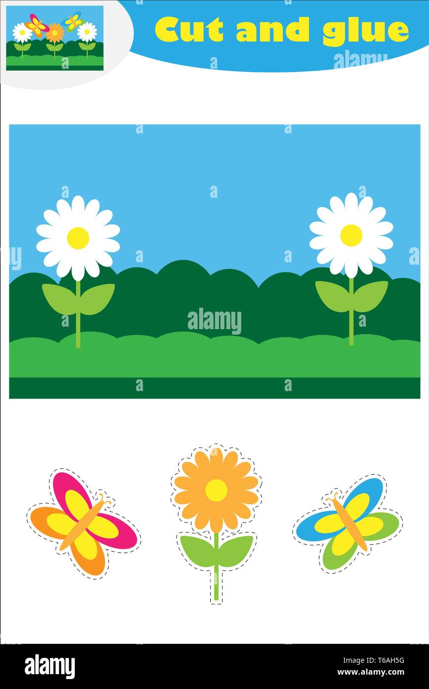Farfalle e fiori cartoon, educazione gioco per lo sviluppo dei bambini di età prescolare, utilizzare forbici e colla per creare l'applique, tagliare parti di Illustrazione Vettoriale