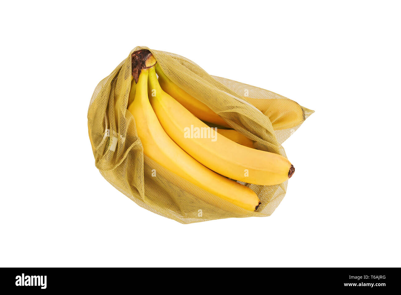 Borsa riutilizzabile con banane isolati su sfondo bianco. Rifiuti Zero e la plastica libera il concetto di shopping. Vista dall'alto. Foto Stock