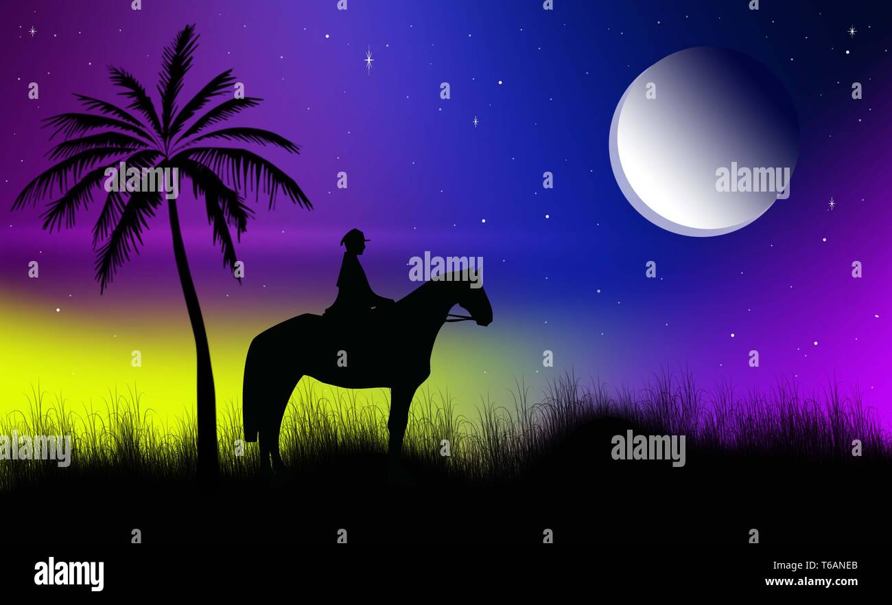Silhouette di un soldato con il suo cavallo sulla notte di luna con multicolore gradiente dello sfondo. Abstract. Graphic.l uomo a cavallo di un stallone. Ippica. Foto Stock