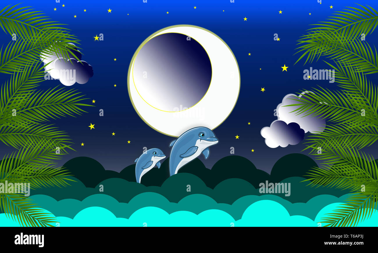 Due delfini di salto in mare. Design piatto. Layered bellissimo paesaggio marino e sky. Hawaii Oceano pacifico paesaggio. Animali marini in habitat naturali. Foto Stock