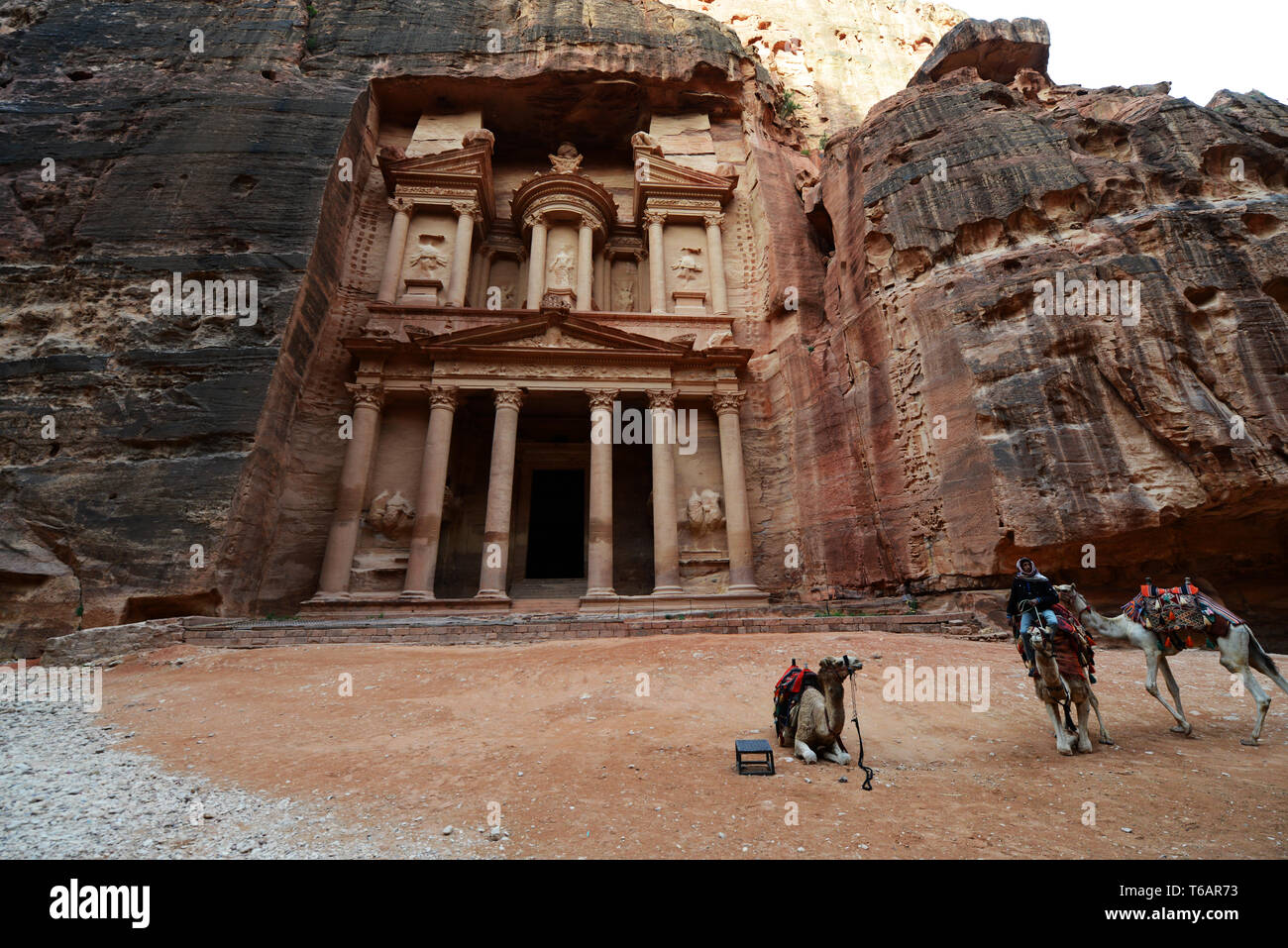 Il Tesoro (El Khazneh) nell'antica Nabatean città di Petra in Giordania. Foto Stock