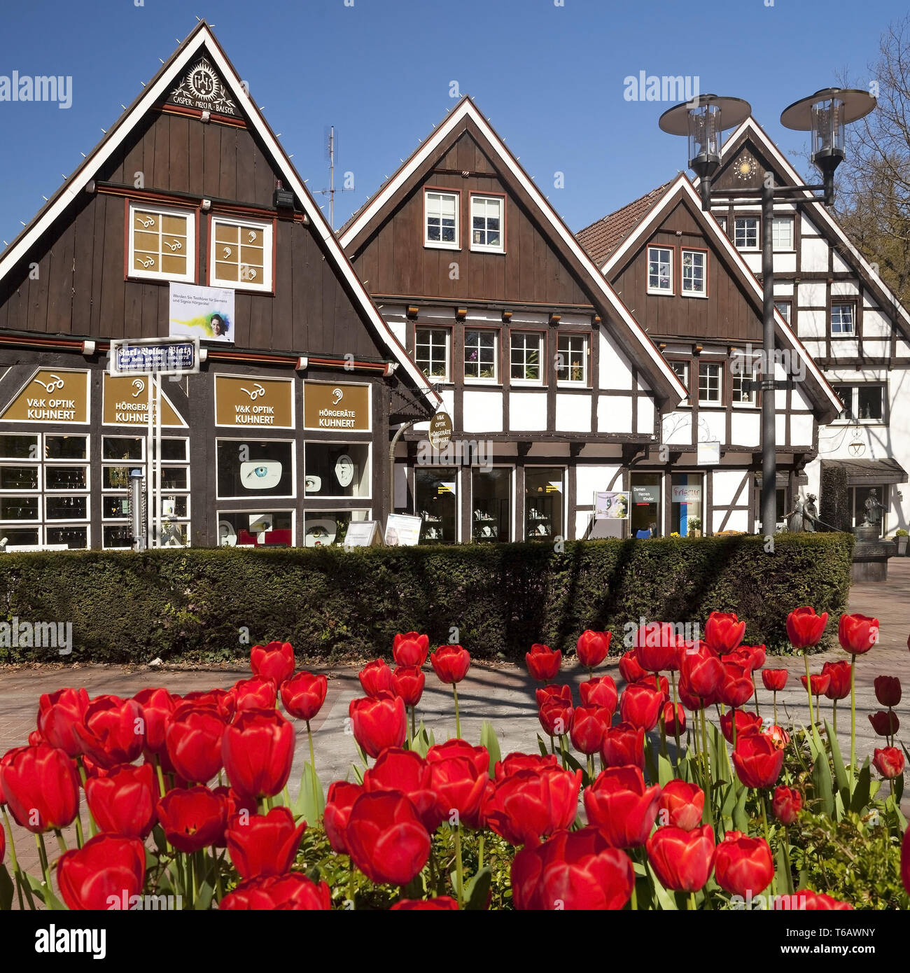 Semi-case con travi di legno a Karl Volke square in primavera, Bad Sassendorf, Nord Reno-Westfalia, Germania Foto Stock