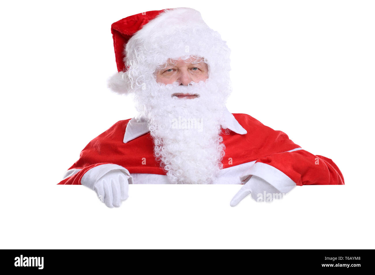 Nikolaus Weihnachtsmann Weihnachten zeigen leeres Schild mit Textfreiraum Foto Stock