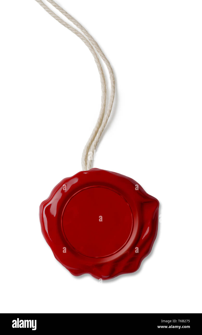 Il vecchio sigillo di cera rossa con il filo isolato su bianco Foto Stock