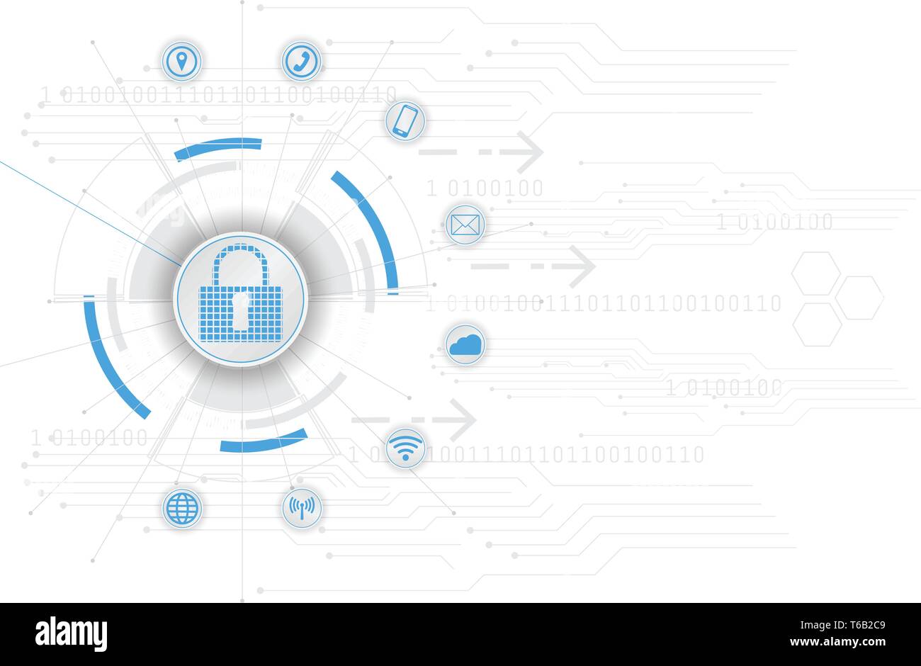 Il concetto di sicurezza lucchetto chiuso sul digitale Cyber Security astratto blu Hi Speed Internet tecnologia vettore illustrazione dello sfondo Illustrazione Vettoriale