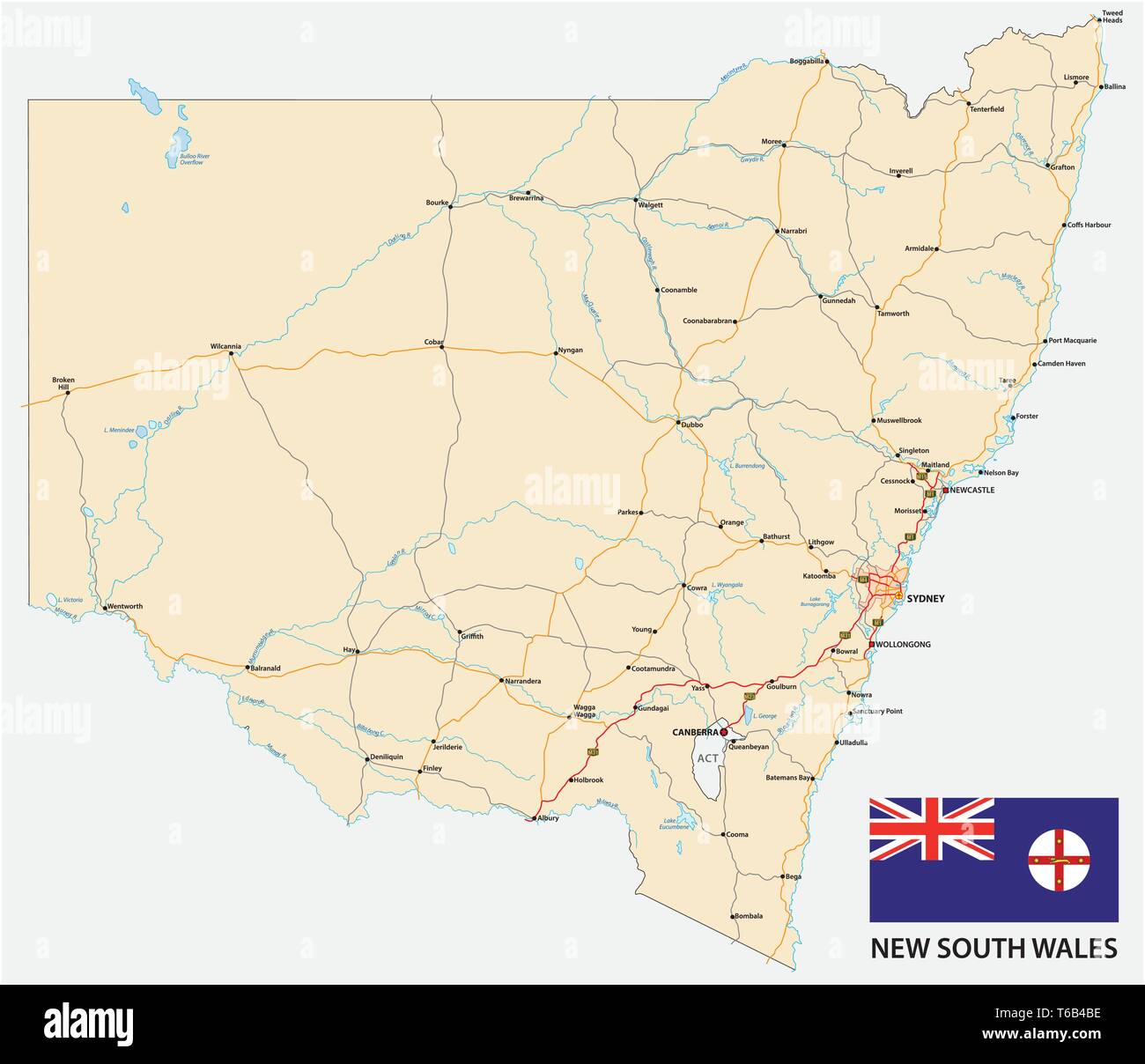 La mappa stradale di stato australiano del Nuovo Galles del Sud mappa con bandiera Illustrazione Vettoriale