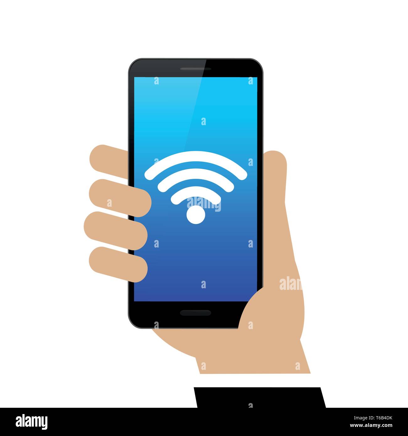 Mano maschio è in possesso di un nero smartphone con wi-fi simbolo isolato su sfondo bianco illustrazione vettoriale EPS10 Illustrazione Vettoriale