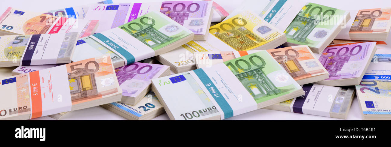 Vista panoramica di molte delle banconote in euro Foto Stock