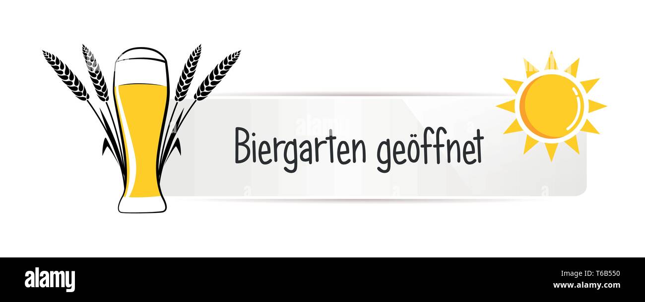 Biergarten aperto tipografia tedesca etichetta bianca con la birra di frumento e sun isolato su uno sfondo bianco illustrazione vettoriale EPS10 Illustrazione Vettoriale