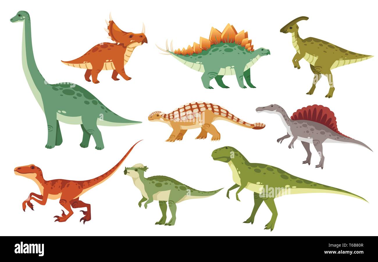 Cartoon dinosaur set. Carino dinosauri icona Collezione. Colorate e predatori erbivori. Piatto illustrazione vettore isolato su sfondo bianco. Illustrazione Vettoriale