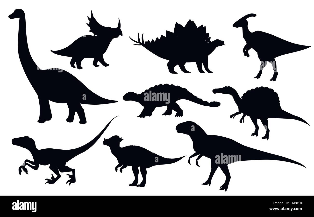Cartoon dinosaur set. Carino dinosauri icona Collezione. Silhouette nera predatori e gli erbivori. Piatto illustrazione vettore isolato su sfondo bianco Illustrazione Vettoriale