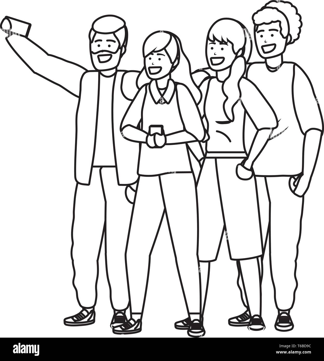 La millenaria diversificato gruppo tenendo selfie sorridendo felice insieme indossando maglioni in bianco e nero illustrazione vettoriale graphic design Illustrazione Vettoriale