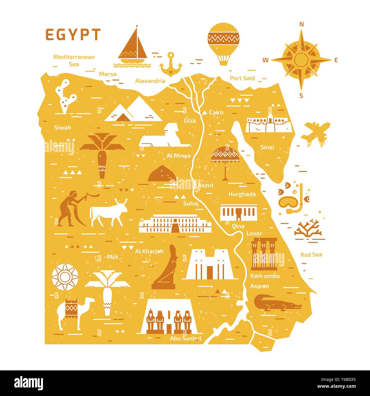 Delineare e silhouette Mappa di Egitto - illustrazione vettoriale disegnata con linee, isolato sullo sfondo con icone simboli Attrazioni di Egitto. Illustrazione Vettoriale