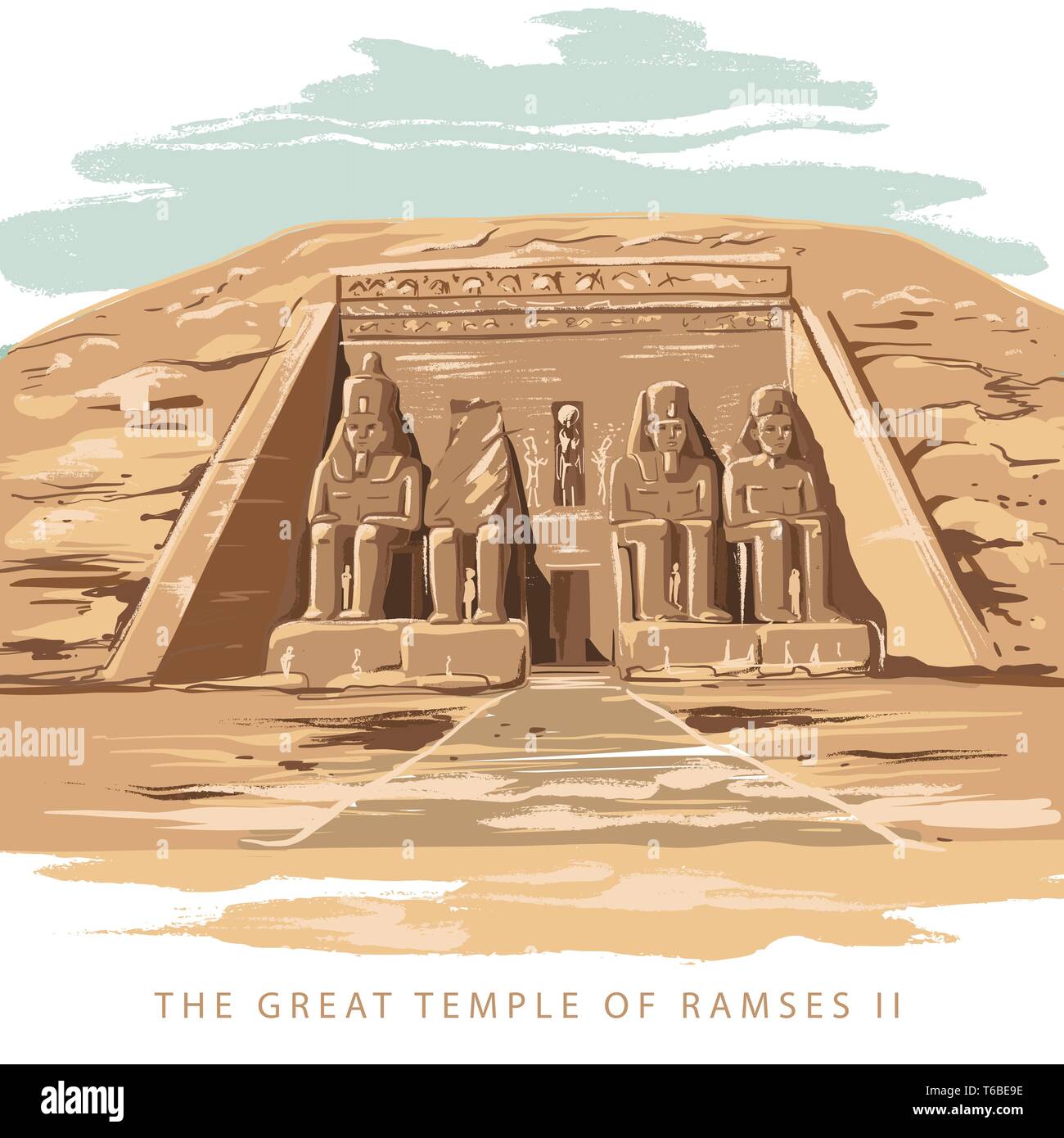 Colorata illustrazione vettoriale del grande tempio di Ramses 2 disegnati a mano in uno sfondo bianco. Il Grande Tempio di Abu Simbel Egitto. Illustrazione Vettoriale