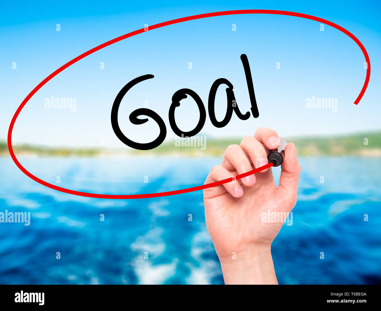 Man mano obiettivo di scrittura con pennarello nero su schermo visivo Foto Stock