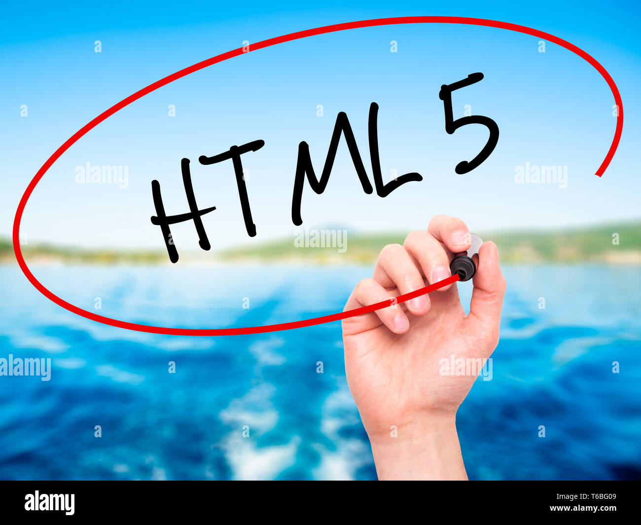 Man mano scrivere codice HTML 5 con pennarello nero su schermo visivo Foto Stock