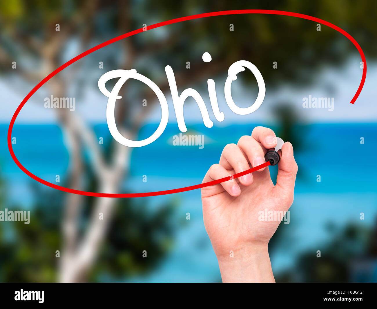 Man mano che scrive Ohio con pennarello nero su schermo visivo Foto Stock