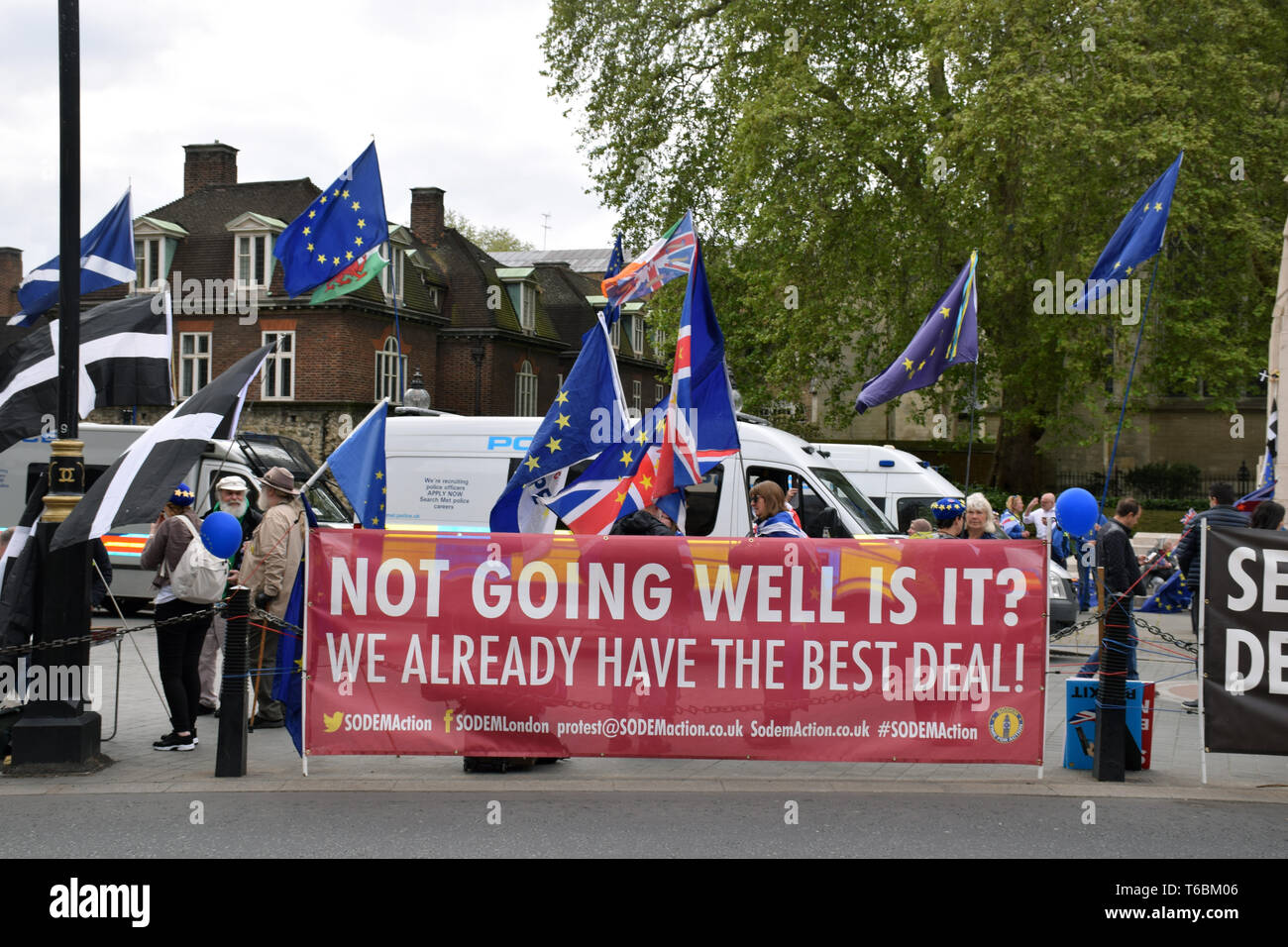 Rimanere Brexit manifestanti al di fuori del Parlamento, Londra UK 29 Aprile 2019 Foto Stock