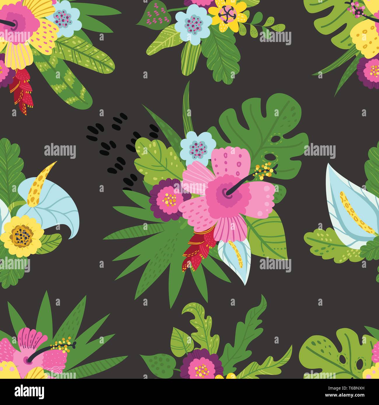 Modello senza cuciture con foglie tropicali e fiori. Illustrazione Vettoriale