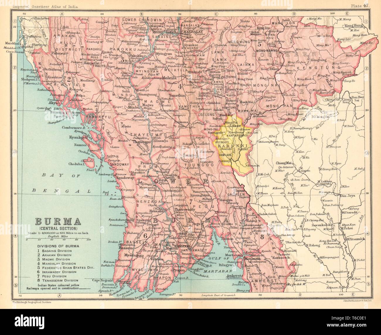 Burma Inglese centrale. I Karenni membri. Myanmar. Le ferrovie. Rangoon 1931 mappa vecchia Foto Stock