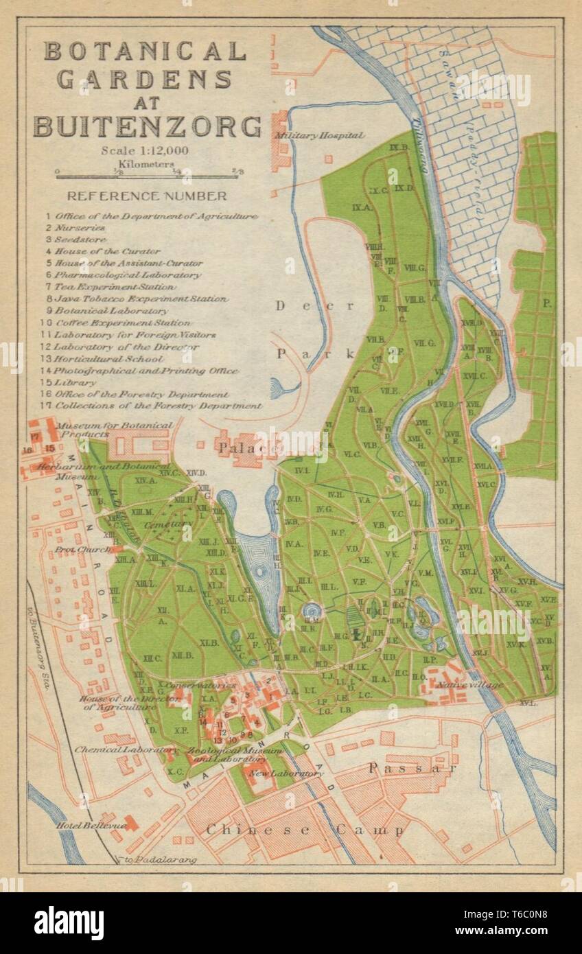 Bogor, West Java. 'Giardini Botanici a Buitenzorg'. Indonesia 1920 mappa vecchia Foto Stock