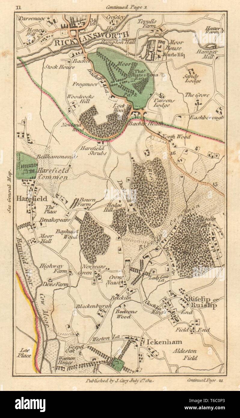 RUISLIP. Rickmansworth,Harefield,Ickenham,Northwood,Denham,Northolt 1811 mappa Foto Stock