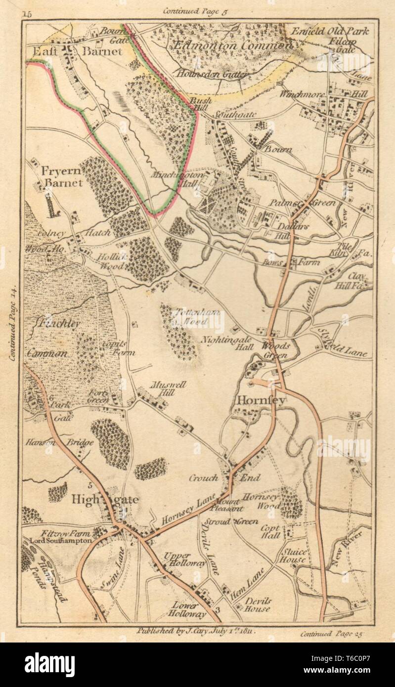 HIGHGATE. Est/Friern Barnet,Hornsey,Edmonton,Southgate,Wood Green 1811 mappa Foto Stock