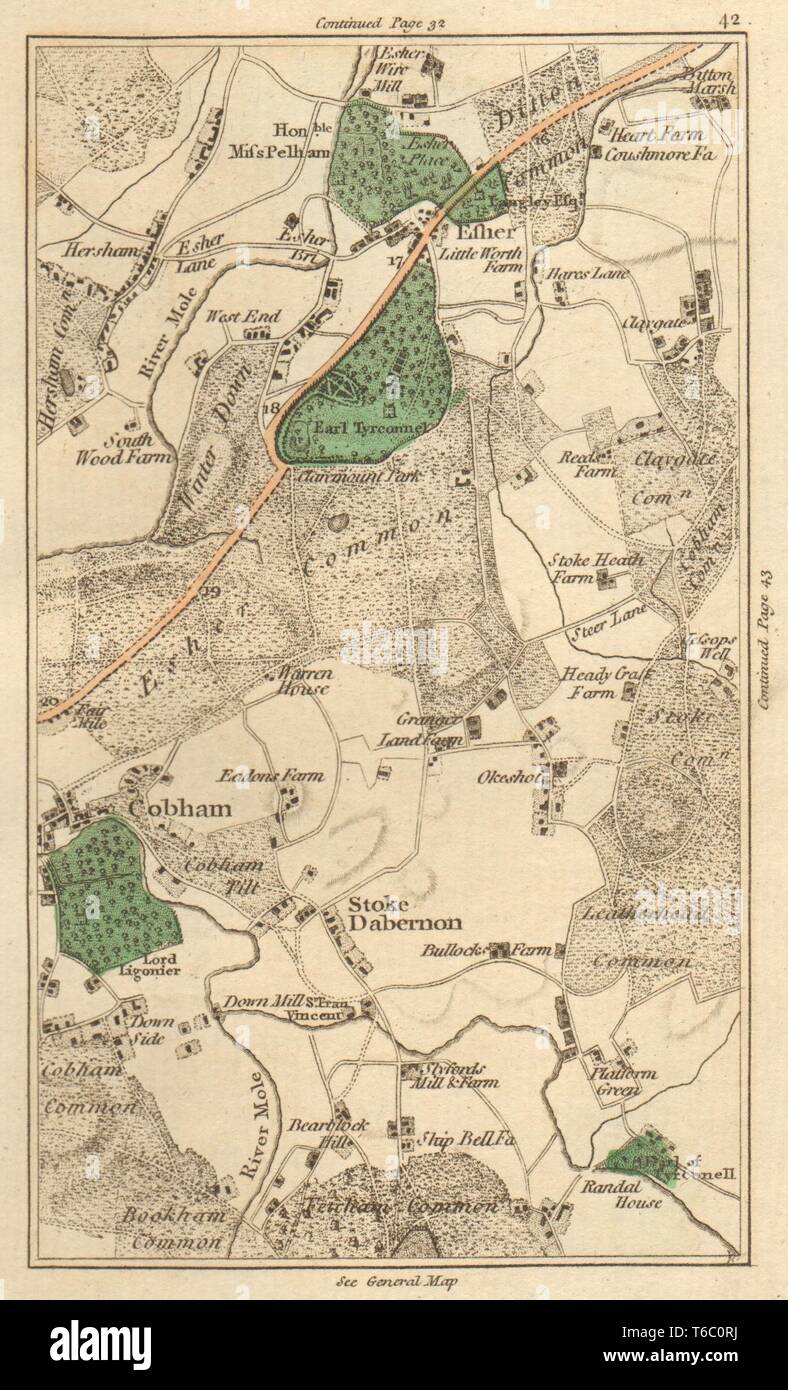 ESHER. Cobham,Walton-on-Thames,Stoke D'abernon,Bookham,Leatherhead 1811 mappa Foto Stock
