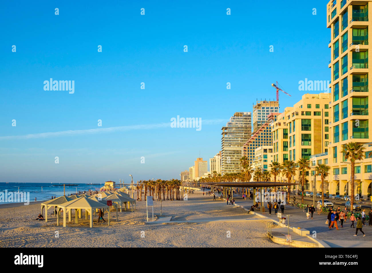 Israele, Tel Aviv-Yafo, Tel Aviv. Shlomo Lahat Promenade e gli edifici lungo la spiaggia di Geula Beach. Foto Stock