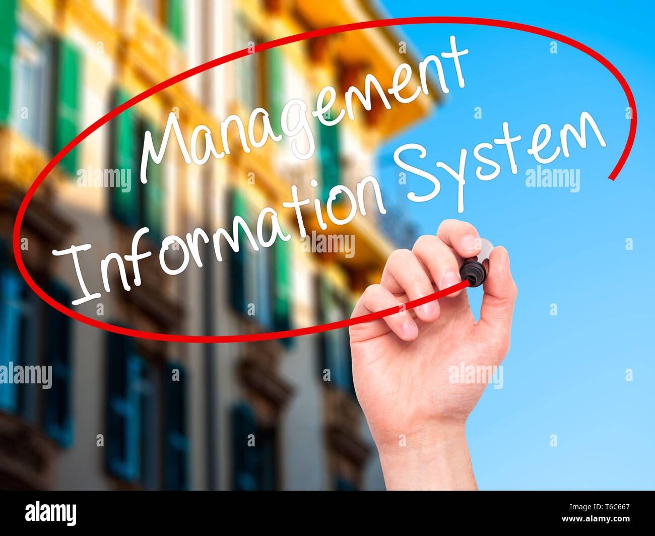 Man mano che scrive le informazioni di Gestione sistema con pennarello nero su schermo visivo. Foto Stock