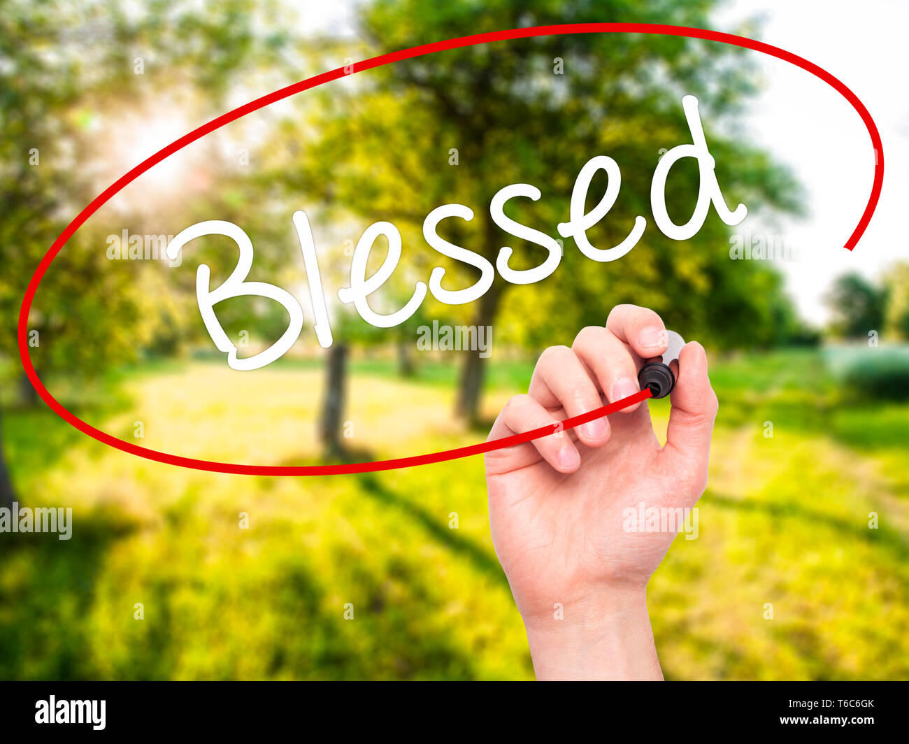 Man mano che scrive Benedetto con un pennarello nero su schermo visivo Foto Stock