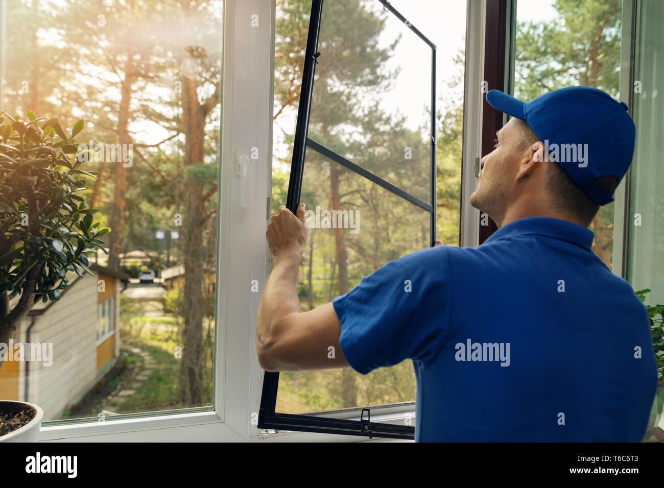 Lavoratore installazione zanzariera schermo di filo sulla finestra di casa Foto Stock