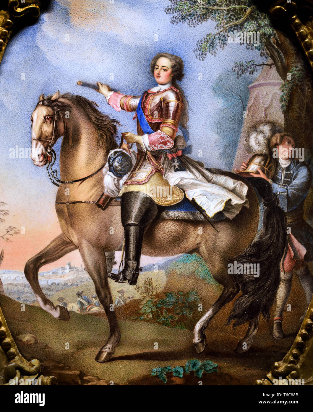 Re Luigi XV 1710 – 1774, conosciuto come Luigi l'amato, monarca della Casa di Borbone, governò come re di Francia dal 1 settembre 1715 fino alla sua morte nel 1774. Francia, francese, (smalto dipinto su rame, intagliato e dorato cornice di legno) dopo un ritratto di Charles André van Loo - Carle van Loo 1705 -1765 Francia francese Foto Stock