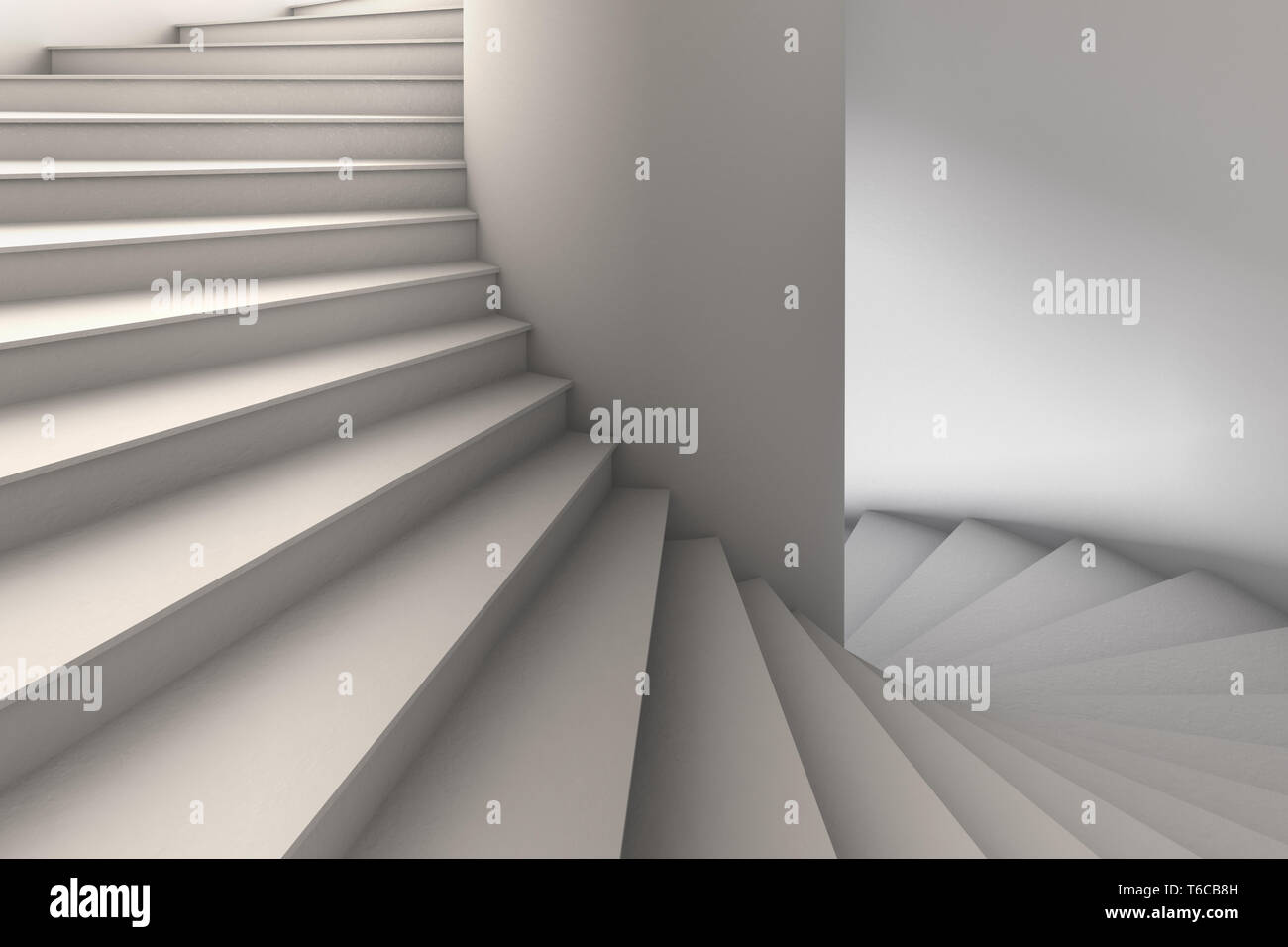 3D illustrazione di un semplice bianco scala a chiocciola con gradini larghi ruotando verso il basso dalla parte superiore sinistra alla parte inferiore destra. Punto di vista guardando dritto. Foto Stock