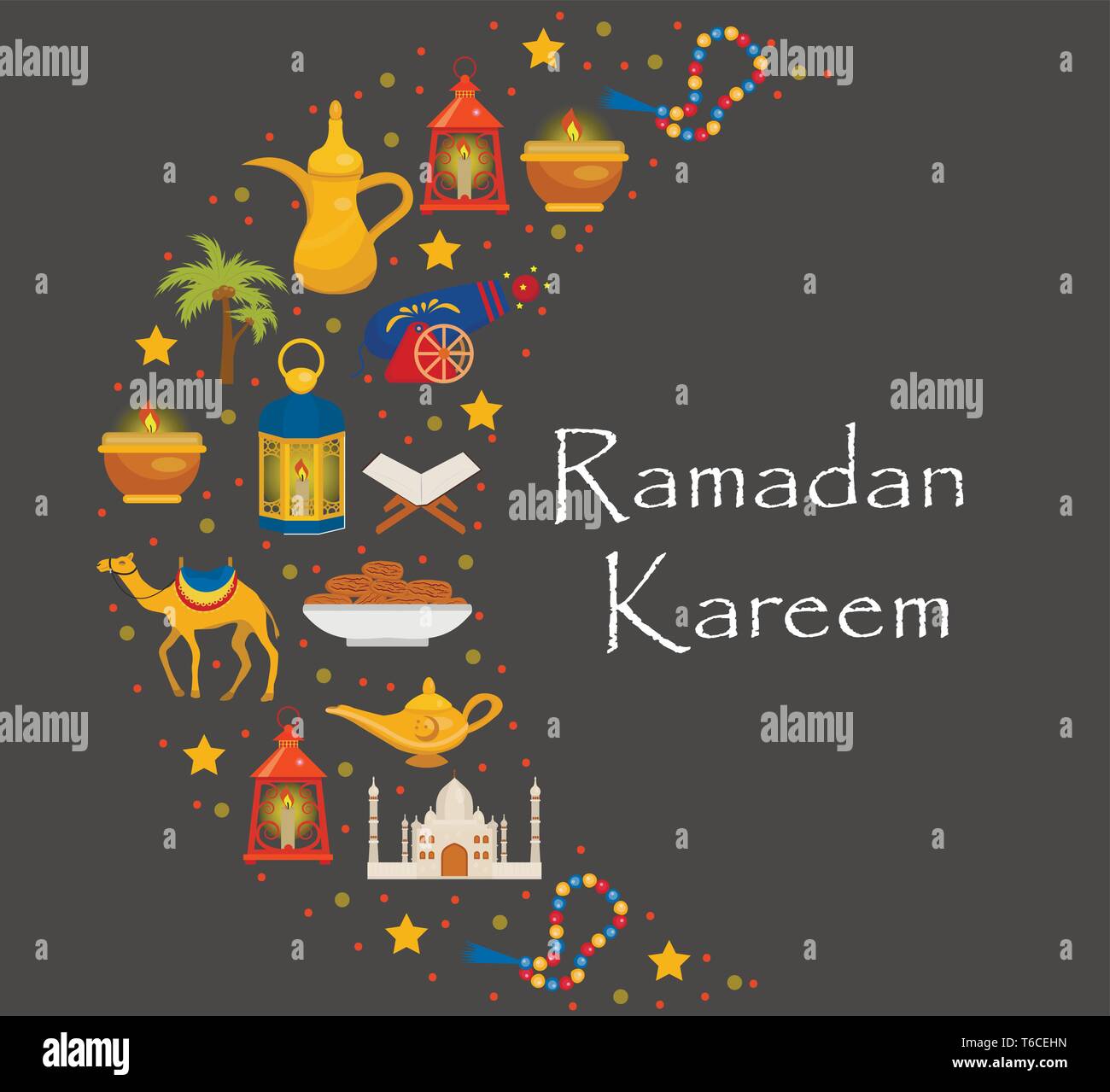 Il Ramadan kareem biglietto di auguri con design arabo elementi cammello, il Corano, lanterne, rosario, cibo, moschea. Illustrazione Vettoriale. Illustrazione Vettoriale