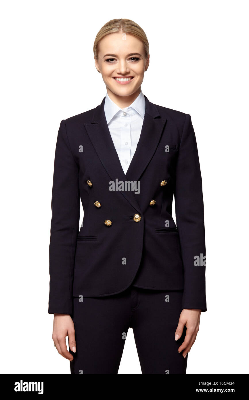Ritratto di Allegro giovane donna bionda in un buio business suit. Studio shot isolato su sfondo bianco. Foto Stock