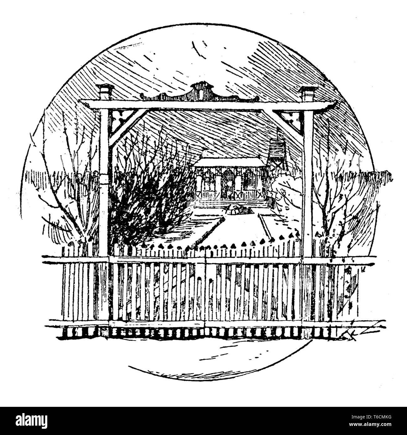 E GIARDINAGGIO: immagine tipografici di una casa con giardino come capitolo o decorazione di pagina Foto Stock