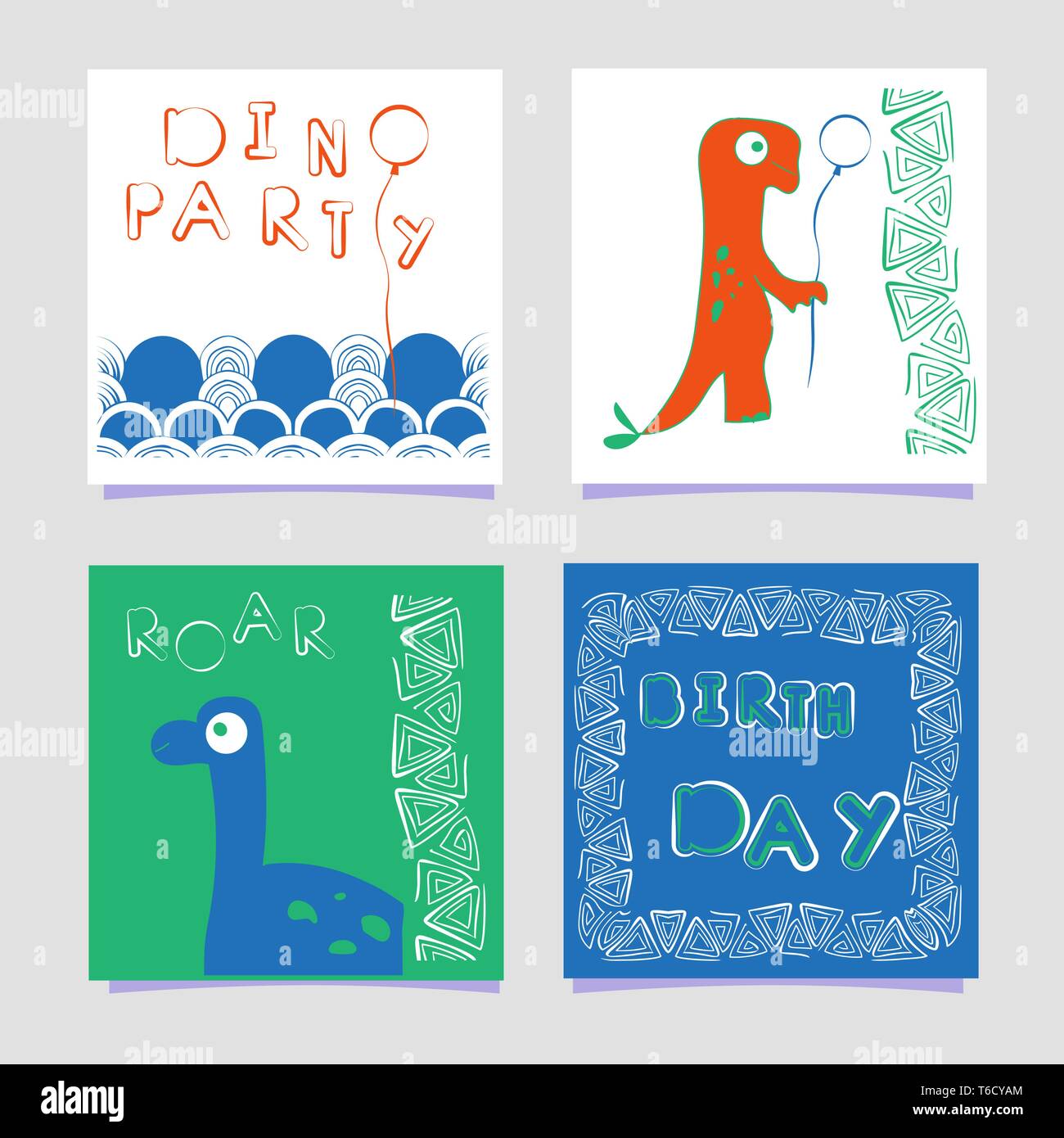 Un set di modelli dino stampa di scritte le carte. Dinosauro con un palloncino. In doodle stile. Disegnata a mano poster per il compleanno, invito alla festa Illustrazione Vettoriale