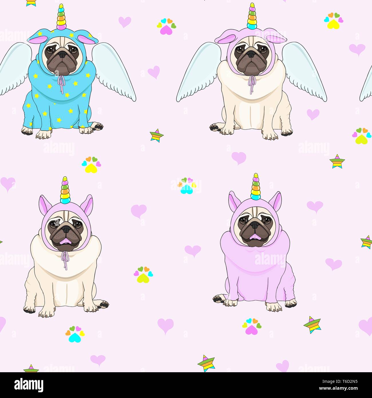 Carino seamless pattern con unicorn pug cani, paw stampa, stelle e cuori, sfondo trasparente Illustrazione Vettoriale