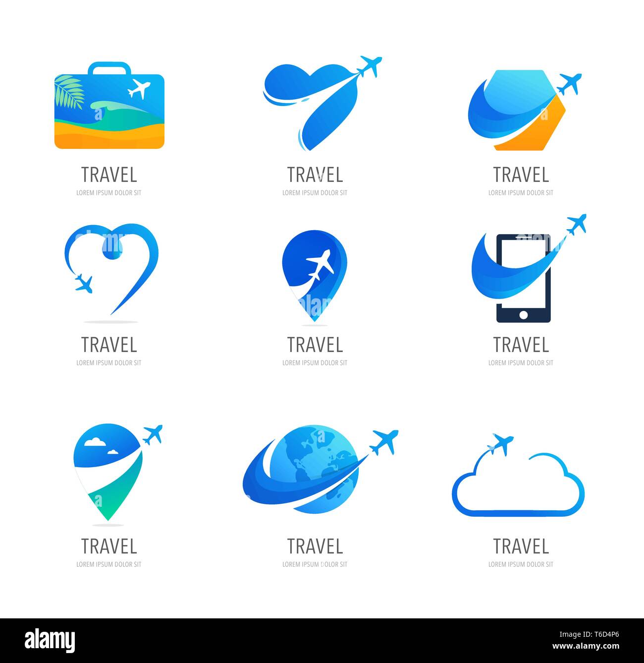 Travel, agenzia turismo logo design, icone e simboli Illustrazione Vettoriale