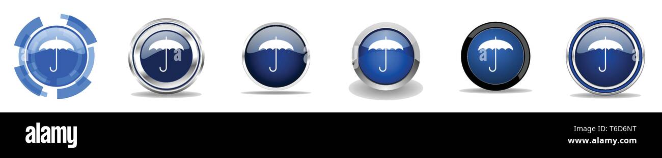 Argento metallizzato bordo cromato ombrello icone vettoriali, set di proteggere i web buttons, rotondo blu segni meteo in eps 10 Illustrazione Vettoriale