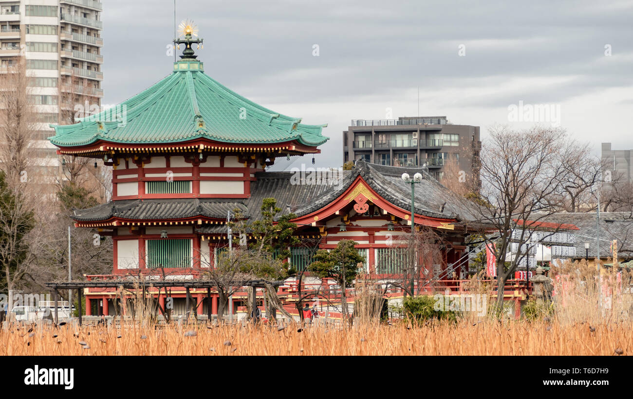 TOKYO, Giappone - 8 febbraio 2019: Bentendo tempio presso il Parco Ueno. Un tempio Buddista dedicato a Benten o Benzaiten, dea della ricchezza, felicità, wisdo Foto Stock