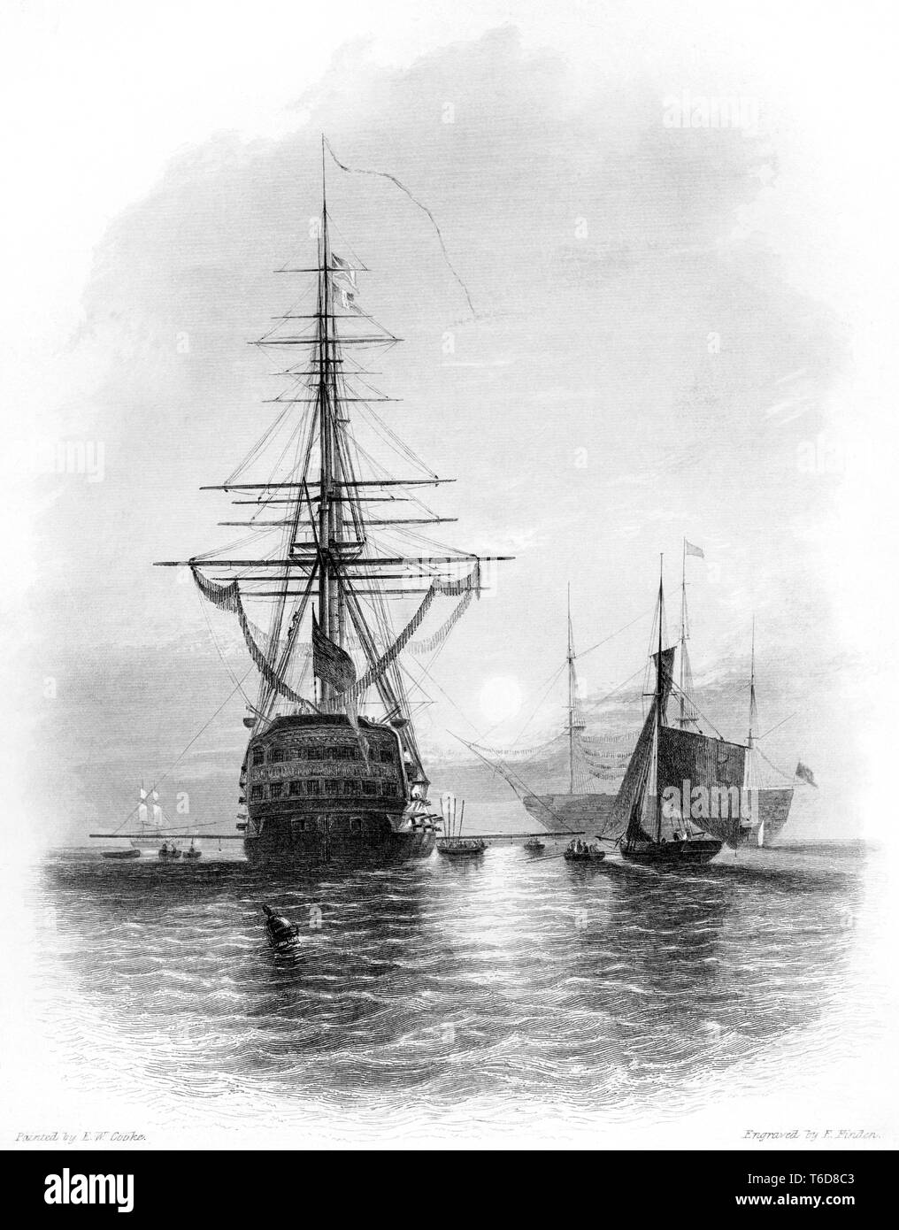 Un'incisione di Men of War a Spithead UK scansionata ad alta risoluzione da un libro pubblicato nel 1842. Credevo libero da copyright. Foto Stock